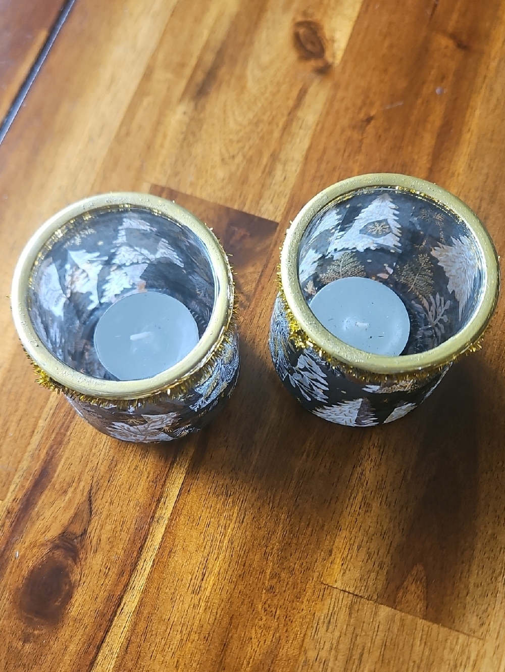 Festive Black & Gold Pine Tree Decopaged Jars/Votive Holders w/Candles. Qty 4 - Picture 6 of 7